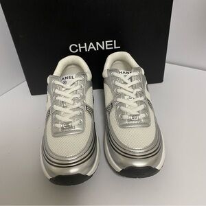 CHANEL Silver and White Women's Sneakers